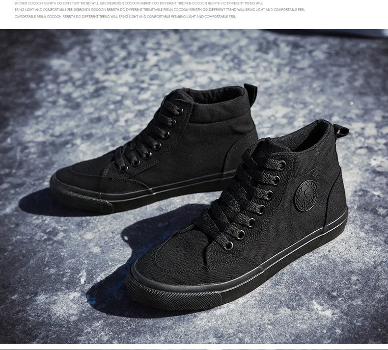 Högskurna canvas-sneakers för män, slip-on, snörningsbara, avslappnade, helt svarta, enkla skateskor för studenter, med platt sula, bekväma sportskor