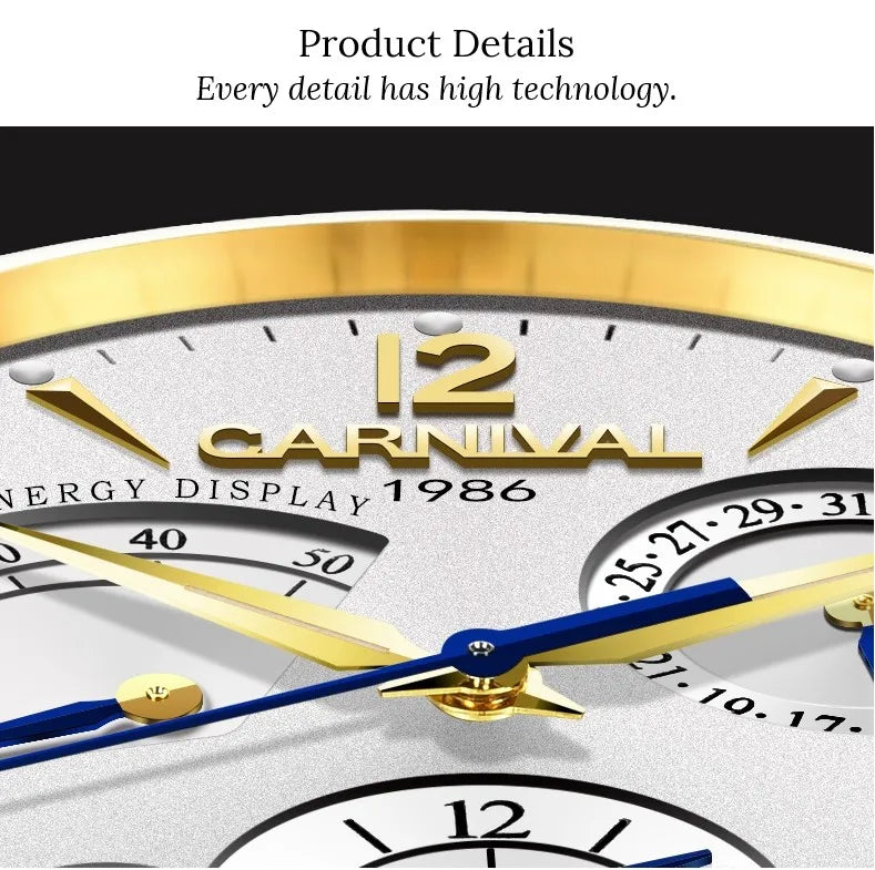 CARNIVAL New Dual Time Zone Watches for Men Automatic Multifunction Men Mechanical Wristwatches Sapphire Calendar Montre Homme