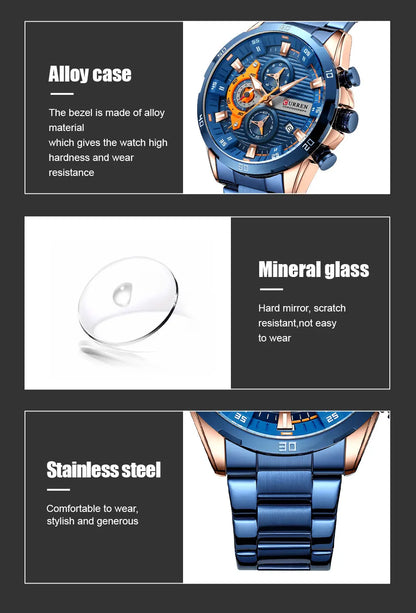 CURREN Men Watch Top Brand Luxury Sports Quartz Mens Watches Full Steel Waterproof Chronograph Wristwatch Men Relogio Masculino