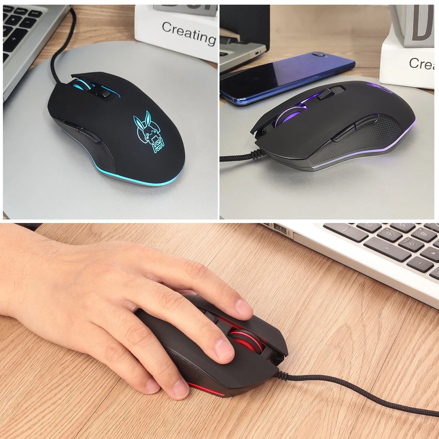 Barevná svítící myš USB-C se ztlumením pro notebooky s Type-C – herní myš