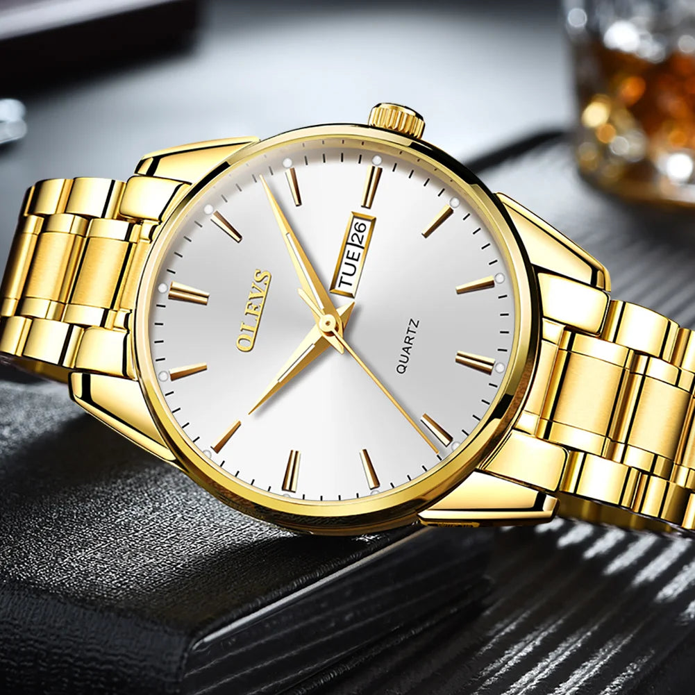 Orologio da uomo OLEVS – Orologio da polso al quarzo in acciaio inossidabile, impermeabile, dorato, elegante e luminoso, accessorio di lusso per uomo