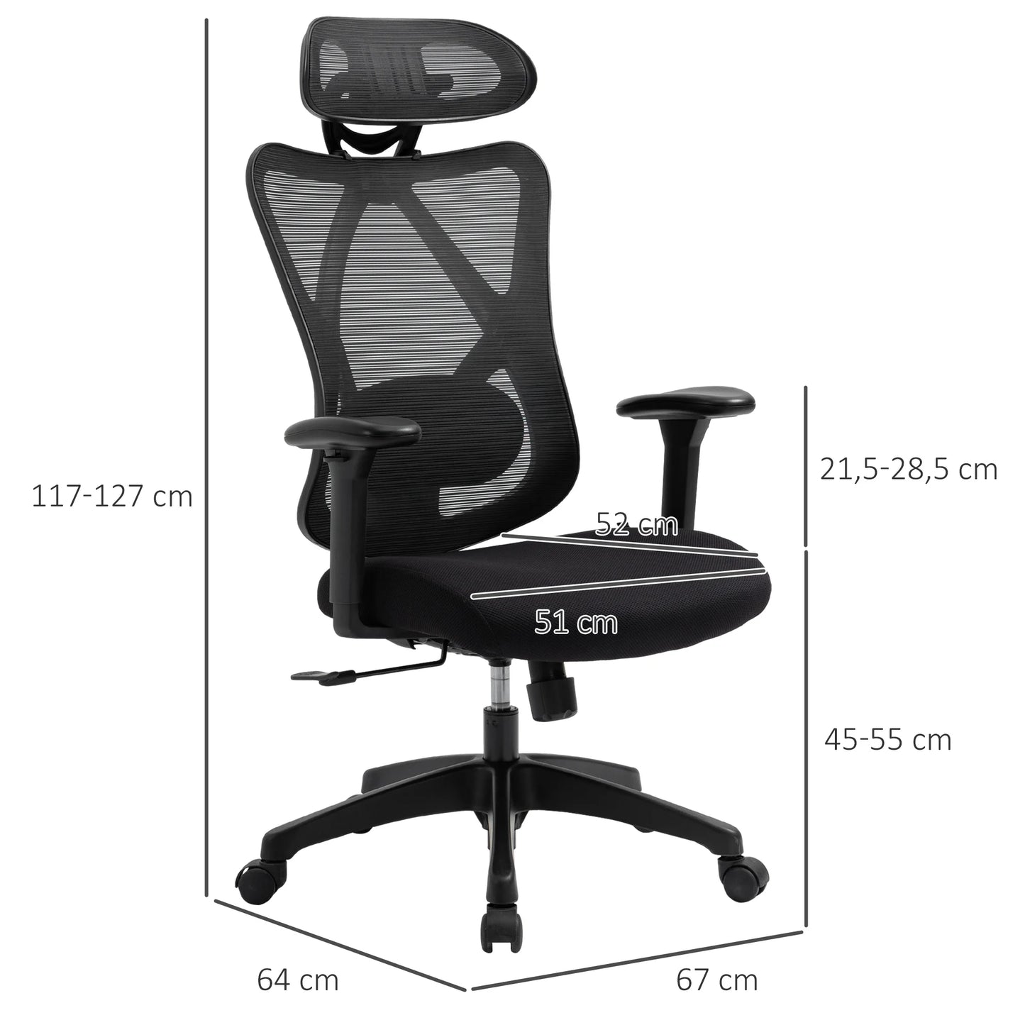 Vinsetto Swivel Office Chair with Armrest 2D Height Adjustable Chair Headrest Lumbar Support 67x64x127cm Black