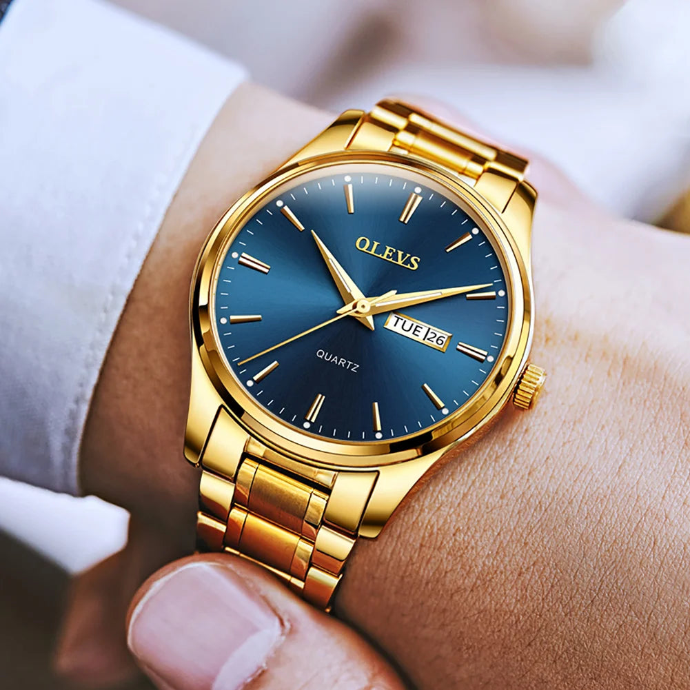 Orologio da uomo OLEVS – Orologio da polso al quarzo in acciaio inossidabile, impermeabile, dorato, elegante e luminoso, accessorio di lusso per uomo