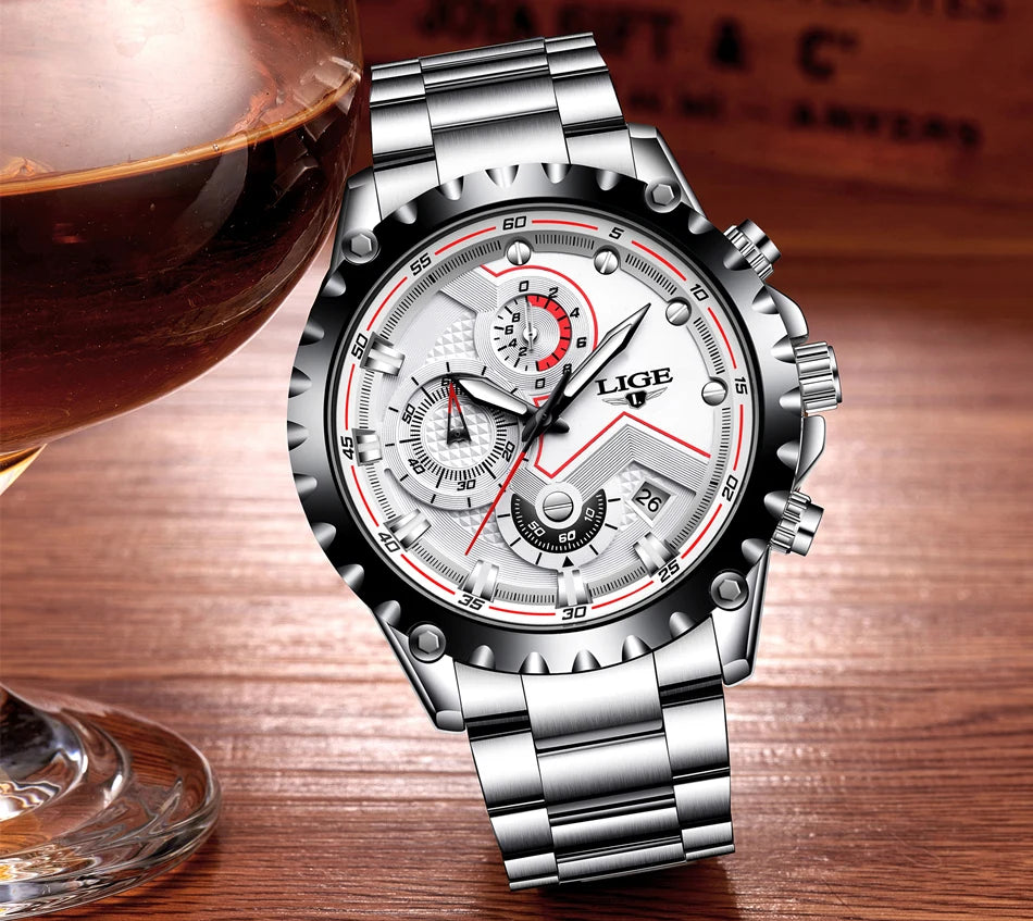 Montre pour homme LIGE – Montre à quartz tendance, marque de luxe, tout en acier, style professionnel, étanche et sportive – Livrée avec boîte