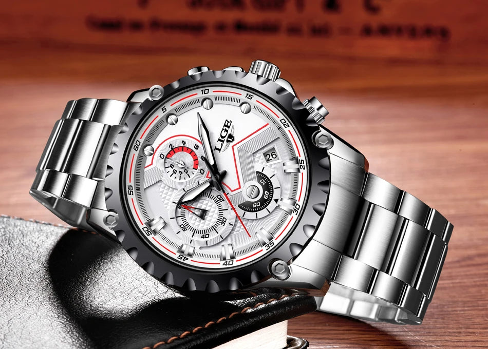 Montre pour homme LIGE – Montre à quartz tendance, marque de luxe, tout en acier, style professionnel, étanche et sportive – Livrée avec boîte