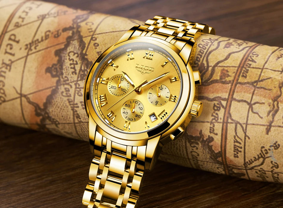 Pánské hodinky LIGE – luxusní chronograf, ležérní sportovní styl, vodotěsné, celokovové, quartzový strojek