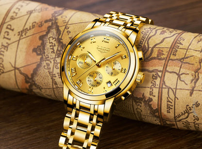 Pánské hodinky LIGE – luxusní chronograf, ležérní sportovní styl, vodotěsné, celokovové, quartzový strojek