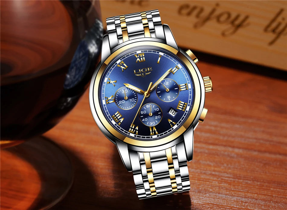 Pánské hodinky LIGE – luxusní chronograf, ležérní sportovní styl, vodotěsné, celokovové, quartzový strojek