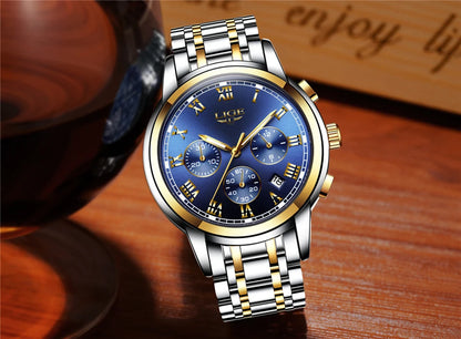 Pánské hodinky LIGE – luxusní chronograf, ležérní sportovní styl, vodotěsné, celokovové, quartzový strojek