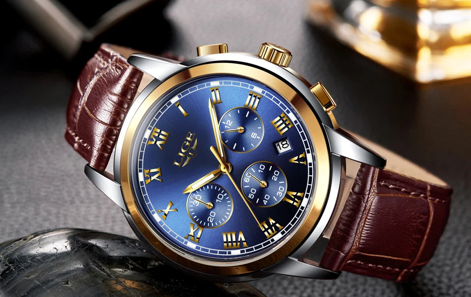 Pánské hodinky LIGE – luxusní chronograf, ležérní sportovní styl, vodotěsné, celokovové, quartzový strojek