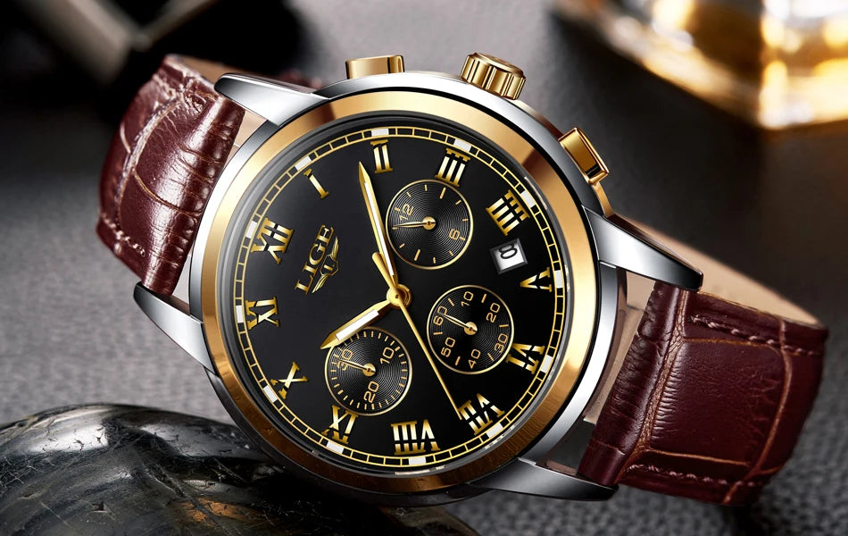 Pánské hodinky LIGE – luxusní chronograf, ležérní sportovní styl, vodotěsné, celokovové, quartzový strojek