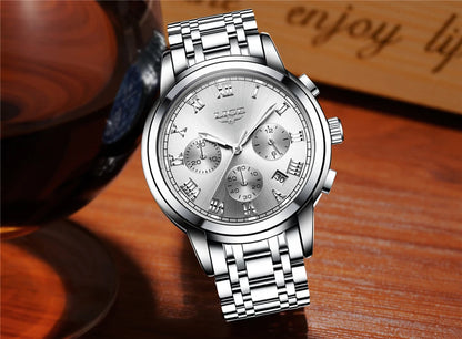 Pánské hodinky LIGE – luxusní chronograf, ležérní sportovní styl, vodotěsné, celokovové, quartzový strojek