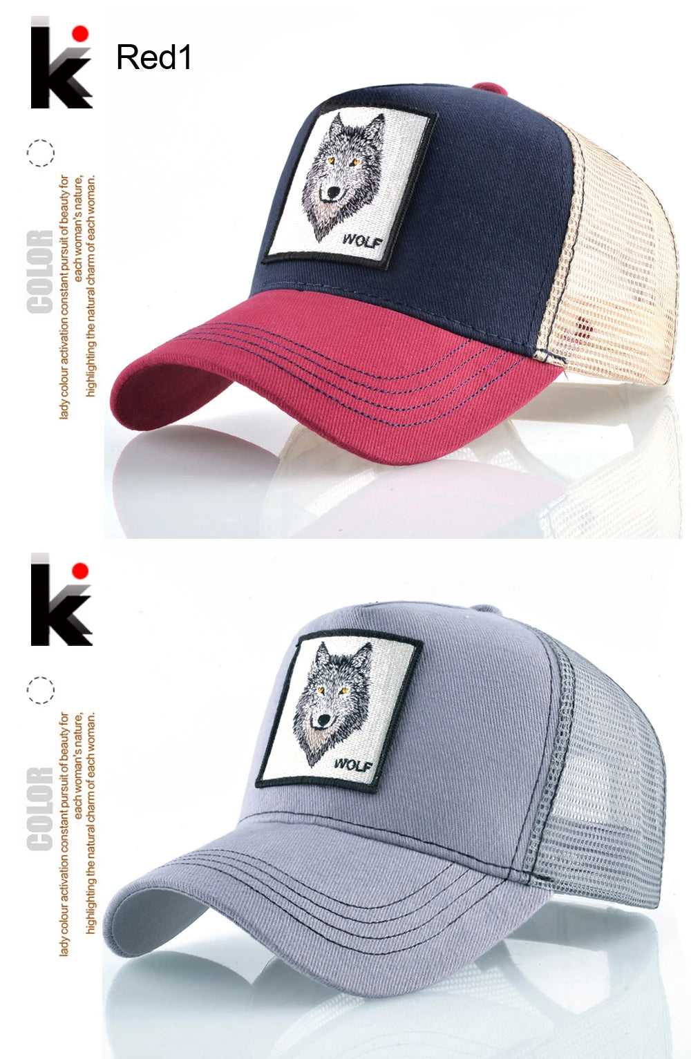 K Snapback Trucker Cap Men's Breathable Mesh Baseball Caps For Women Outdoor Casual Baseball Hat With Wolf Embroidery Patch