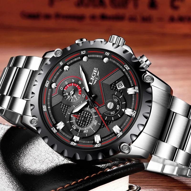 Montre pour homme LIGE – Montre à quartz tendance, marque de luxe, tout en acier, style professionnel, étanche et sportive – Livrée avec boîte