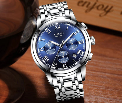 Pánské hodinky LIGE – luxusní chronograf, ležérní sportovní styl, vodotěsné, celokovové, quartzový strojek