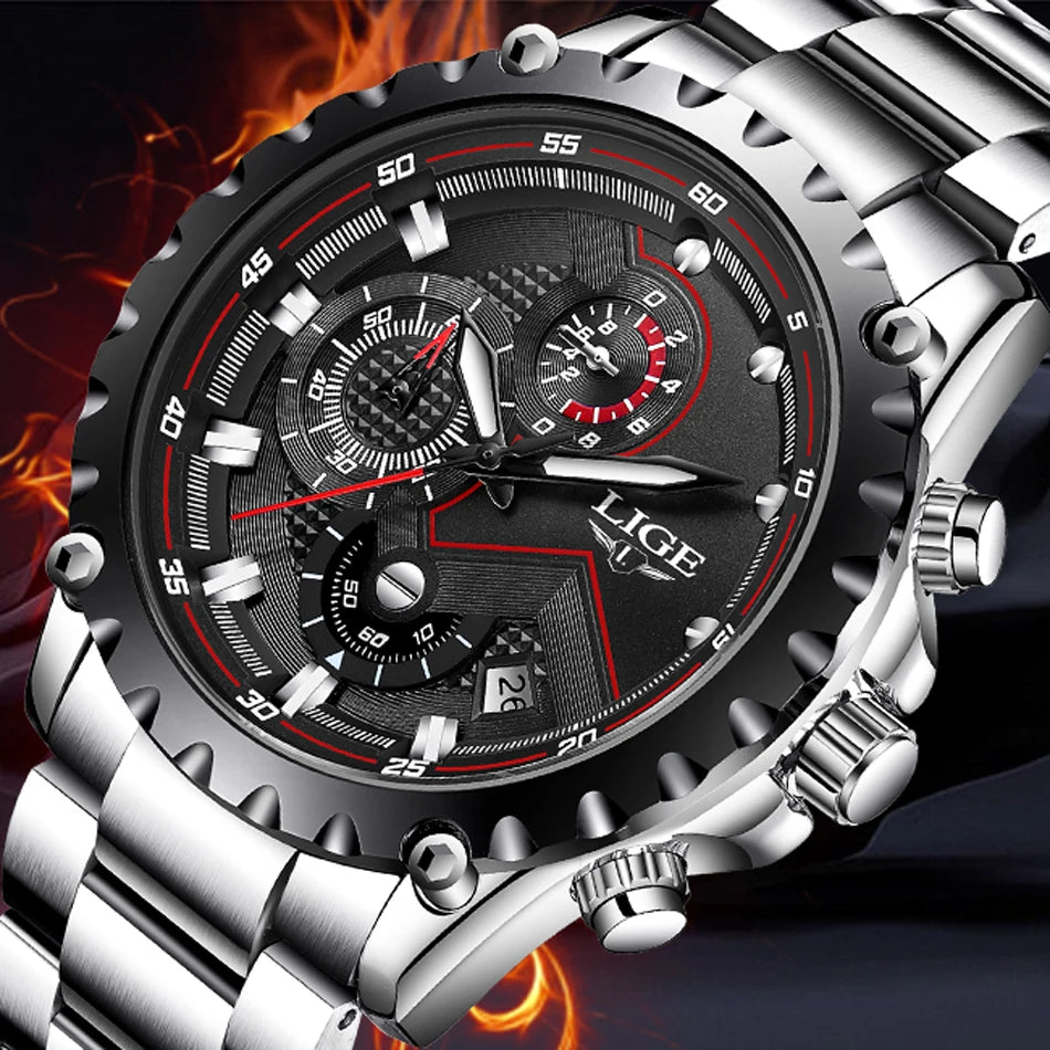 Montre pour homme LIGE – Montre à quartz tendance, marque de luxe, tout en acier, style professionnel, étanche et sportive – Livrée avec boîte