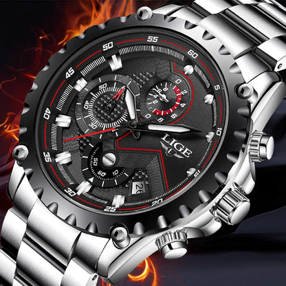 Montre pour homme LIGE – Montre à quartz tendance, marque de luxe, tout en acier, style professionnel, étanche et sportive – Livrée avec boîte