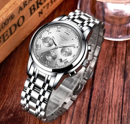 Pánské hodinky LIGE – luxusní chronograf, ležérní sportovní styl, vodotěsné, celokovové, quartzový strojek