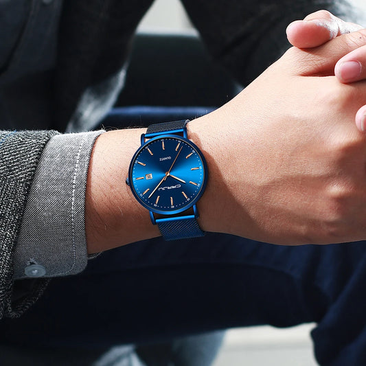 Montre à quartz pour homme CRRJU – Modèle de luxe, étanche, cadran bleu, design fin et élégant, avec affichage de la date, bracelet en maille métallique, style sportif et décontracté