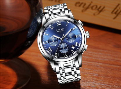 Pánské hodinky LIGE – luxusní chronograf, ležérní sportovní styl, vodotěsné, celokovové, quartzový strojek