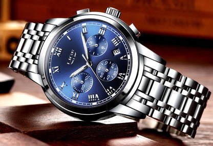 Pánské hodinky LIGE – luxusní chronograf, ležérní sportovní styl, vodotěsné, celokovové, quartzový strojek
