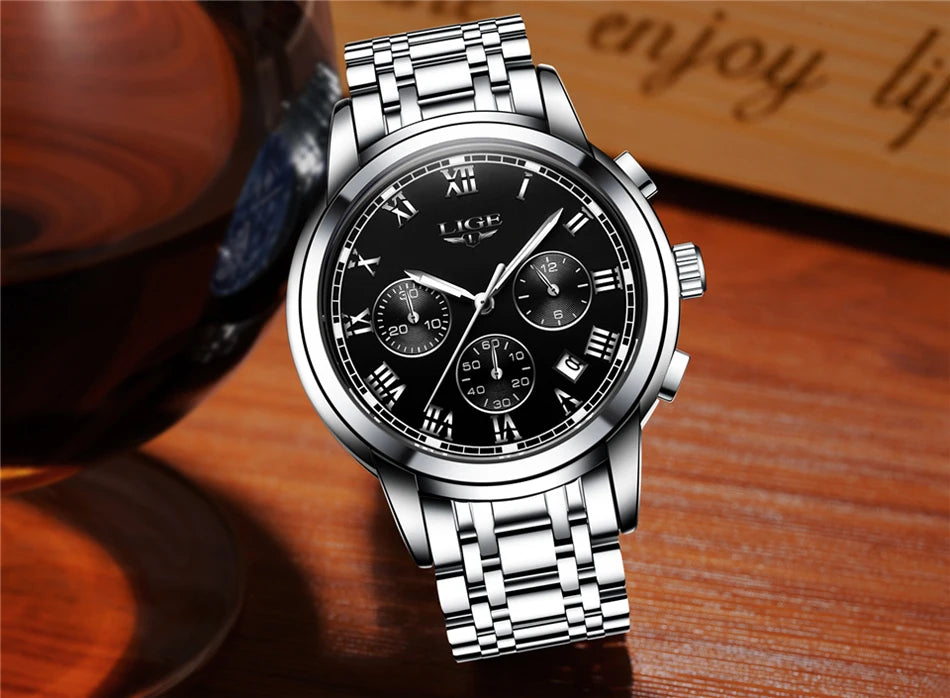 Pánské hodinky LIGE – luxusní chronograf, ležérní sportovní styl, vodotěsné, celokovové, quartzový strojek