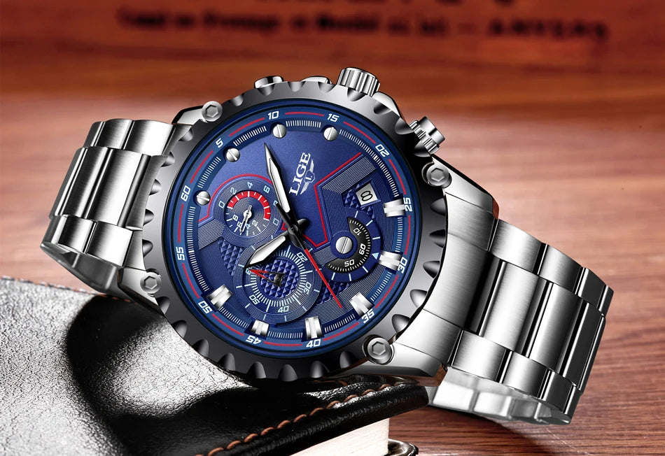 Montre pour homme LIGE – Montre à quartz tendance, marque de luxe, tout en acier, style professionnel, étanche et sportive – Livrée avec boîte