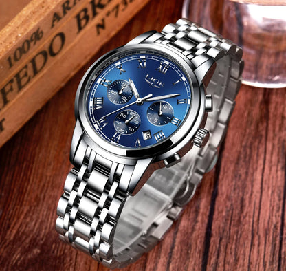 Pánské hodinky LIGE – luxusní chronograf, ležérní sportovní styl, vodotěsné, celokovové, quartzový strojek