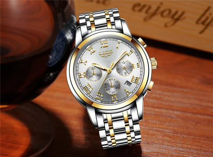 Pánské hodinky LIGE – luxusní chronograf, ležérní sportovní styl, vodotěsné, celokovové, quartzový strojek