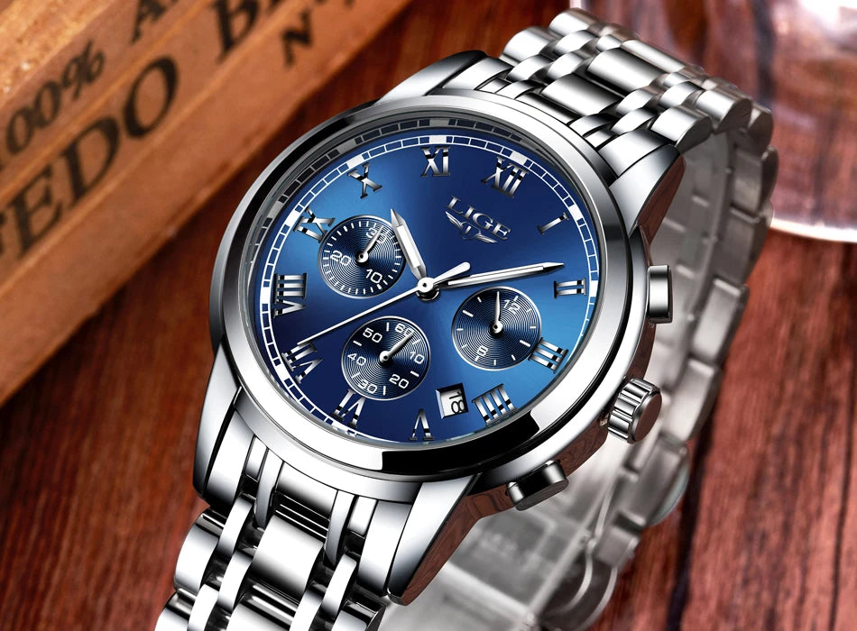 Pánské hodinky LIGE – luxusní chronograf, ležérní sportovní styl, vodotěsné, celokovové, quartzový strojek