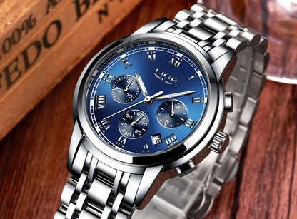 Pánské hodinky LIGE – luxusní chronograf, ležérní sportovní styl, vodotěsné, celokovové, quartzový strojek