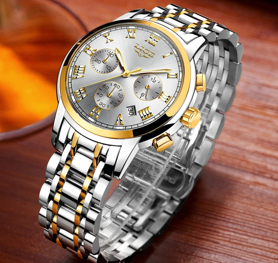 Pánské hodinky LIGE – luxusní chronograf, ležérní sportovní styl, vodotěsné, celokovové, quartzový strojek