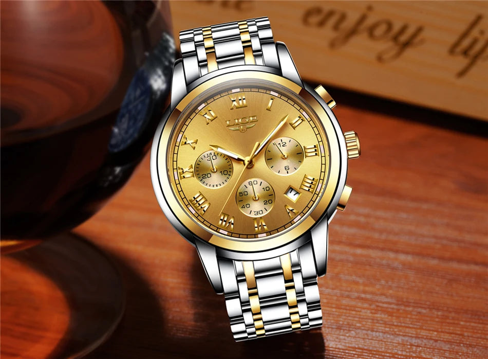 Pánské hodinky LIGE – luxusní chronograf, ležérní sportovní styl, vodotěsné, celokovové, quartzový strojek
