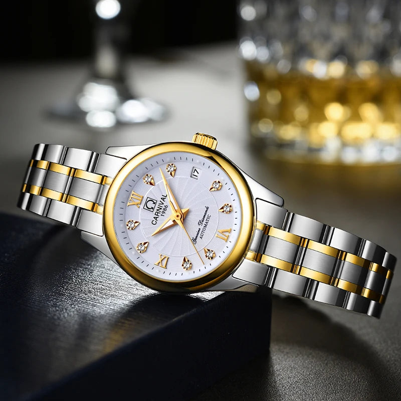 Montre mécanique de luxe pour femme de la marque CARNIVAL – Montre-bracelet automatique, élégante, dotée d'un verre saphir et étanche