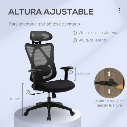 Vinsetto Swivel Office Chair with Armrest 2D Height Adjustable Chair Headrest Lumbar Support 67x64x127cm Black