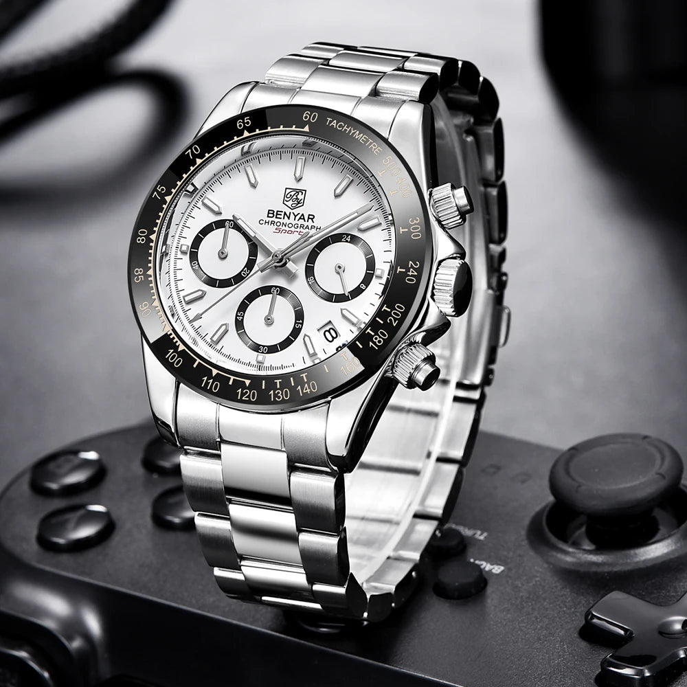 BENYAR herenhorloges – Luxe chronograaf, sportief model, waterdicht, van roestvrij staal, met quartz uurwerk