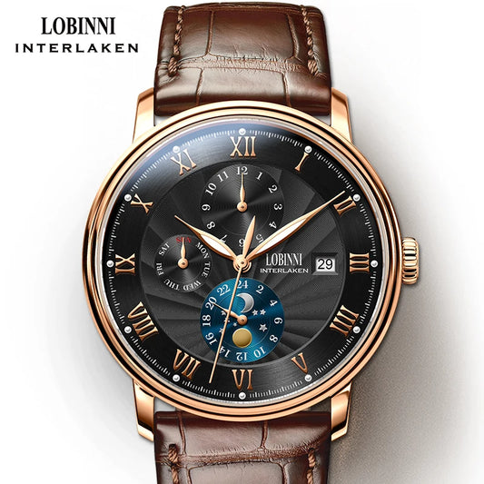 LOBINNI Men Watches Fashion Brand wrist watch Seagull Automatic Mechanical Clock Sapphire Moon Phase relogio masculino L1023B-2
