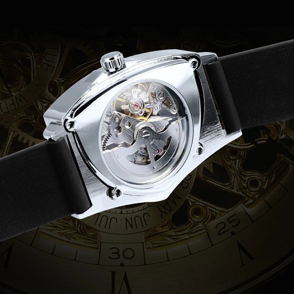 WINNER automatisk herreur, trekantet skeletdesign, selvlysende visere, gummiarmbånd, militærstil, luksuriøst mekanisk ur