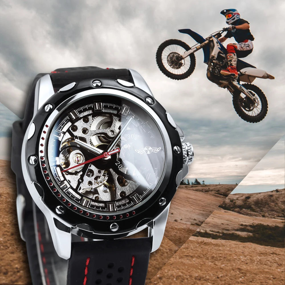 Reloj automático para hombre WINNER: modelo mecánico esqueleto, agujas luminiscentes, correa de caucho, estilo deportivo y lujoso, ideal para actividades al aire libre