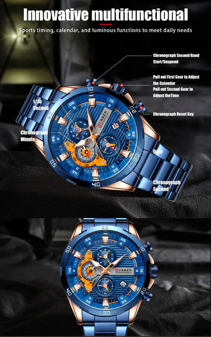 CURREN Men Watch Top Brand Luxury Sports Quartz Mens Watches Full Steel Waterproof Chronograph Wristwatch Men Relogio Masculino