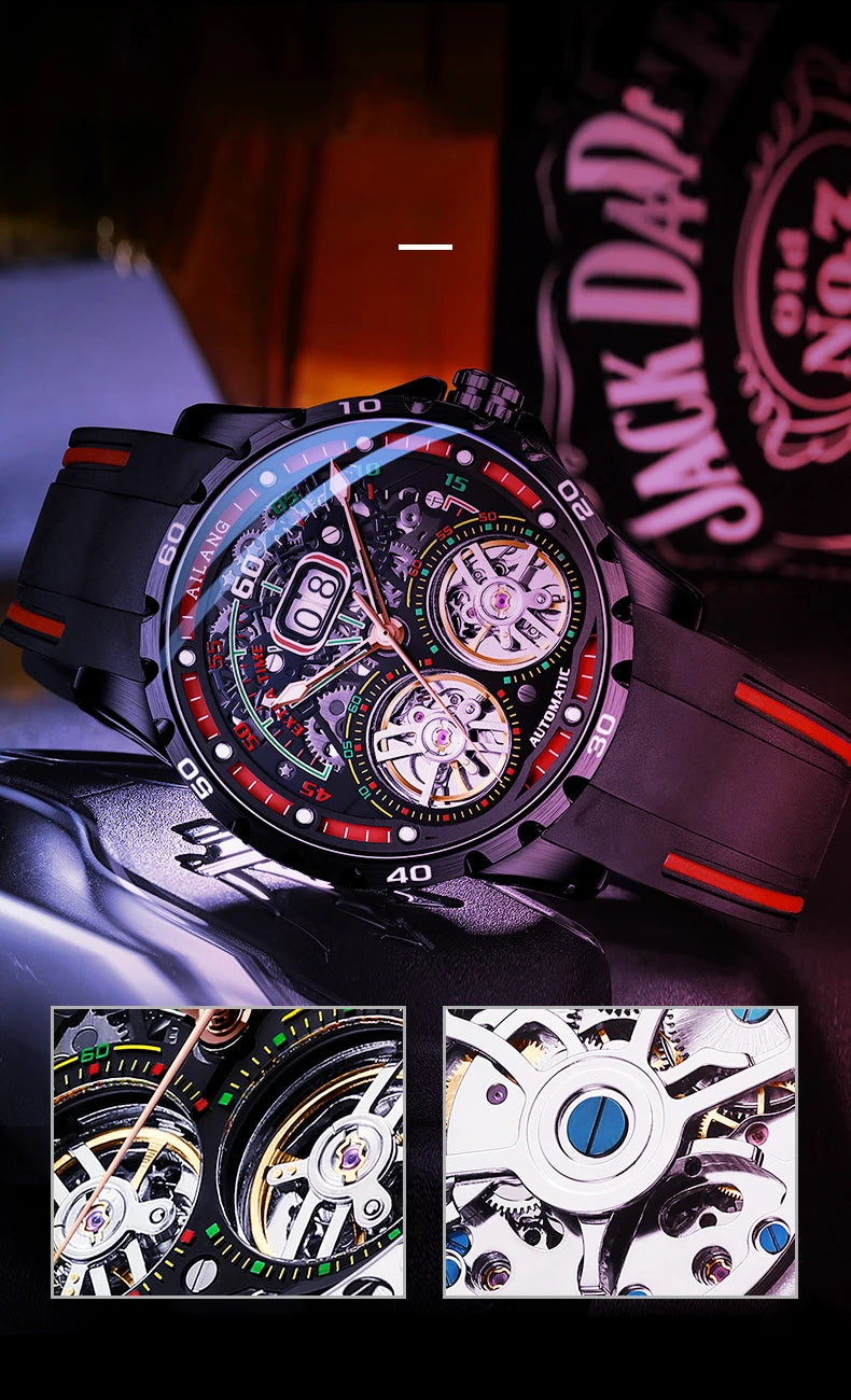 AILANG Super Cool Double Tourbillon Automatic Mechanical Watch Men Luxury Brand Luminous Waterproof Watches Men's Reloj Hombre