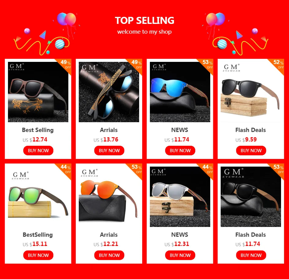 GM Handmade Brand Wooden Polarized Sunglasses Women Men Design Driving Wooden Mirrored Shades in Round carton Box S1610B