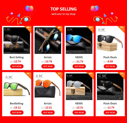 GM Handmade Brand Wooden Polarized Sunglasses Women Men Design Driving Wooden Mirrored Shades in Round carton Box S1610B