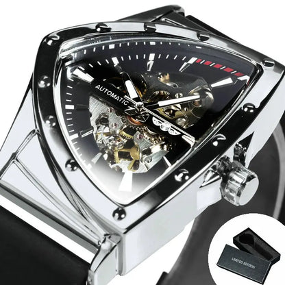 WINNER automatisk herreur, trekantet skeletdesign, selvlysende visere, gummiarmbånd, militærstil, luksuriøst mekanisk ur