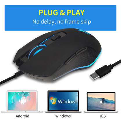 Barevná svítící myš USB-C se ztlumením pro notebooky s Type-C – herní myš