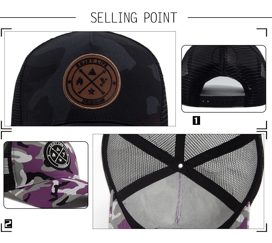 ENJOY LIFE Letter Patch Snapback Hat Camouflage Breathable Mesh Men Hip Hop Baseball Cap Outdoor Casual Sun Hat For Women