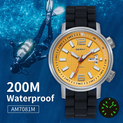 BERNY 20ATM Diver Automatic Mechanical Watch for Men Super Luminous Waterproof Swimming Dive Wristwatch Sapphire Self Winding
