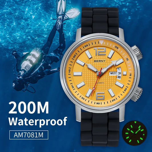 BERNY 20ATM Diver Automatic Mechanical Watch for Men Super Luminous Waterproof Swimming Dive Wristwatch Sapphire Self Winding