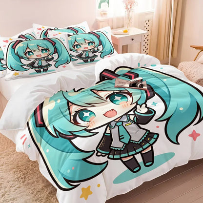 Σετ κάλυμμα παπλώματος Hatsune Miku σε στυλ Chibi – Χαριτωμένα κλινοσκεπάσματα anime με μαξιλαροθήκες – Διακόσμηση υπνοδωματίου για εφήβους και παιδιά – Δώρο για τους θαυμαστές