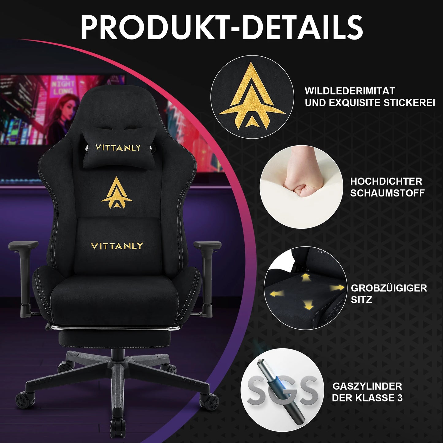 Brand Gaming Chair Breathable Ergonomic Office Chair Lumbar Support Height Adjustable Faux Suede Recliner with Footrest Headrest